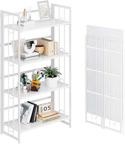 4NM No Assembly 4 Tiers Folding Bookshelf, 47.2" H Foldable Storage Shelves Vintage Bookcase Standing Racks Study Organizer Home Office - All White