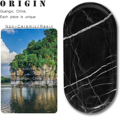 JINGJU Black Root Marble Oval Tray 10x5inches, Natural Stone Decorative Tray for Jewelry, Candle, Bathroom Counter, Coffee Table