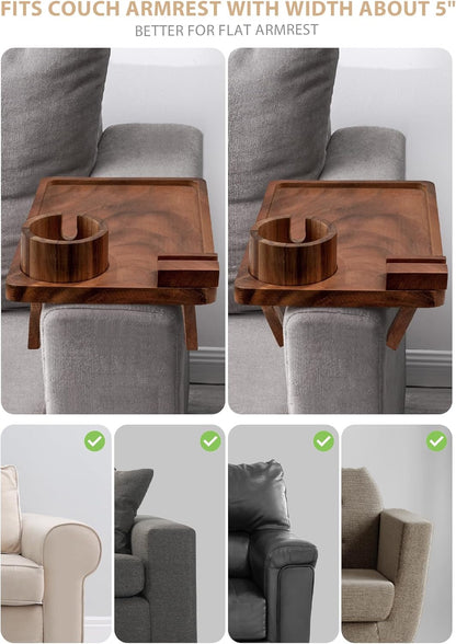 Sofa Arm Tray, Acacia Wood Couch Cup Holder, Portable Large Sofa Armrest Tray Anti-Spill Beverage Snack Remote Holder