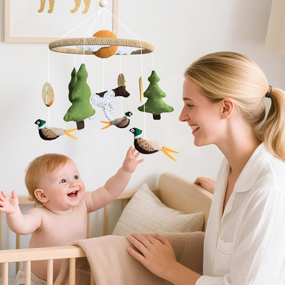 Baby Mobile for Crib Hunting Baby Crib Mobile for Boys Girls Handmade Felt Woodland Nursery Decor Infant Bedroom Hanging Pheasant Dog Hunting Decor for Bassinet Gender Reveal Newborn Gifts