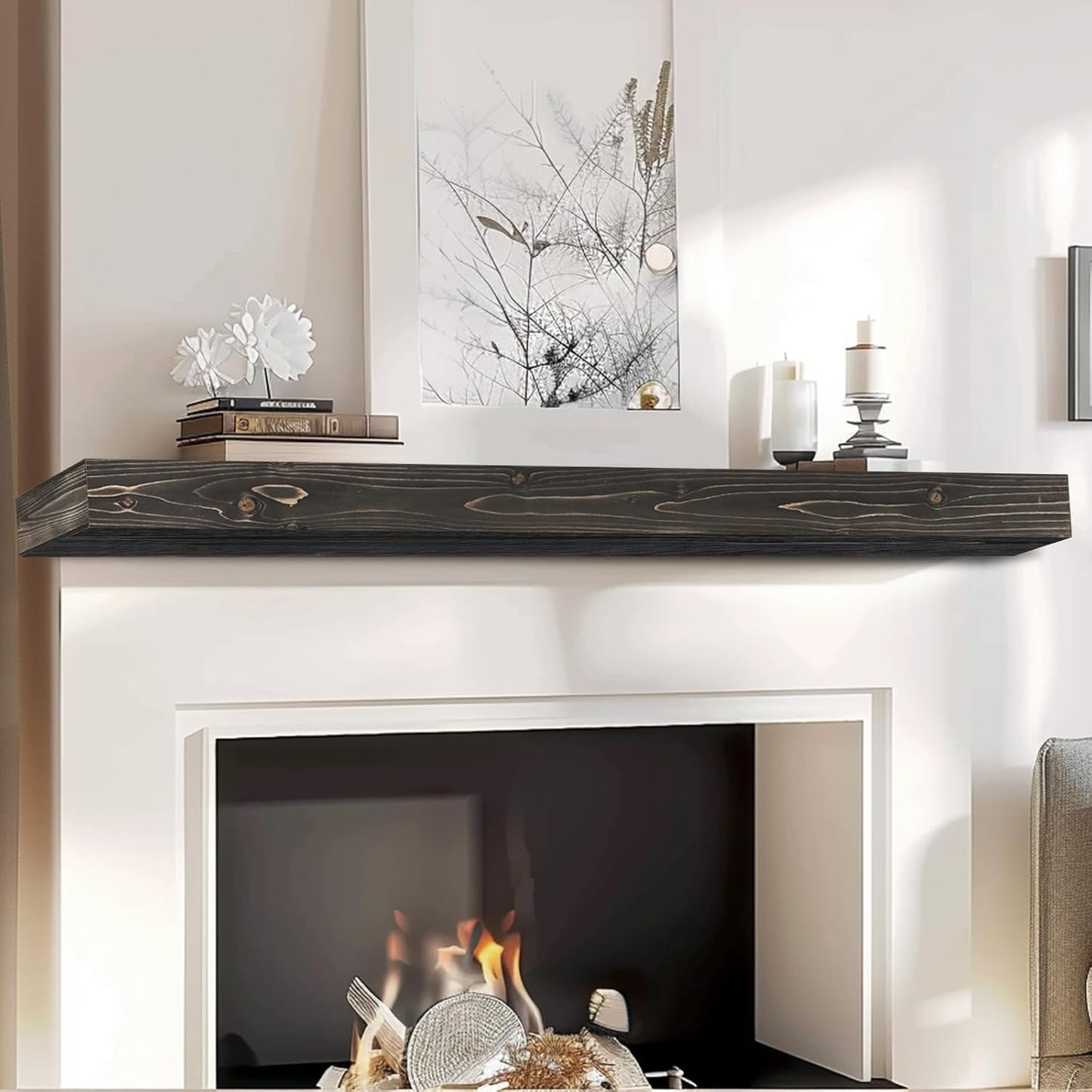 72x8x3 Fireplace Mantel - Handcrafted Hollow Rustic Solid Wood Wall Mounted Floating Shelf with Invisible Heavy Duty Wood Bracket (Weathered Black)