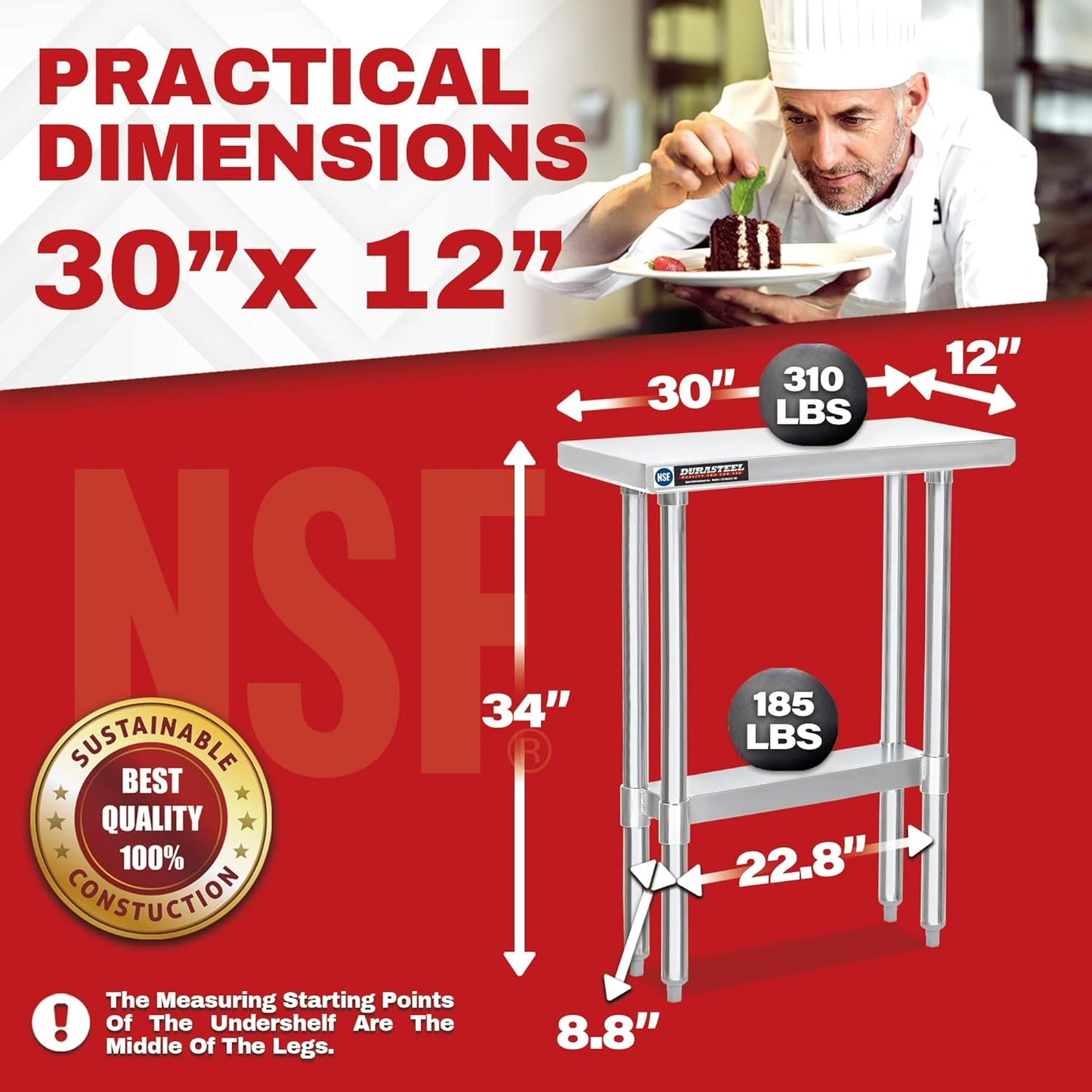 DuraSteel 30x12 Narrow Stainless Steel Table - NSF Small Food Prep Worktable - Counter Height Metal Side Station with Under Shelf - For Laundry Room, Kitchen, Outdoor Grill, Small Spaces