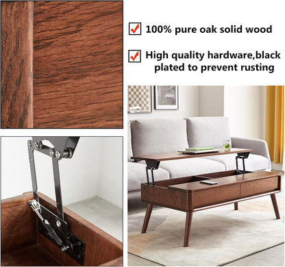 Solid Oak Wood Lift Top Coffee Table for Living Room, Mid Century Modern Tables with Drawers and Large Storage, Coffee Tables for Small Spaces (Oak Walnut Color, 39.37" W x 21.65" D x 25.59" H)