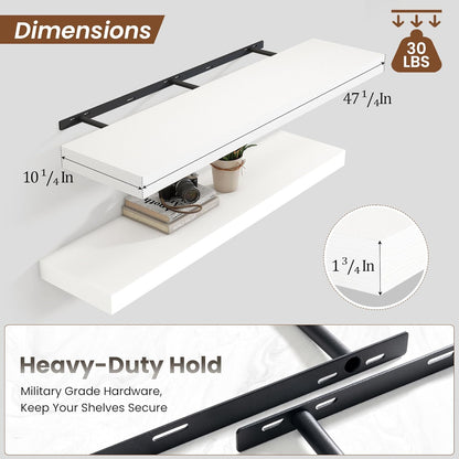 Heimlove 48" White Floating Shelves for Wall,10 Deep Rustic Wood Display & Storage Wall Shelves with Heavy Duty Brackets for Bathroom,Bedroom,Kitchen,Living Room,Office,Set of 2