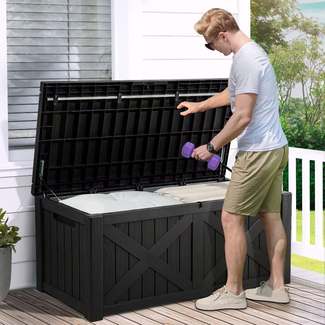 YITAHOME 120 Gallon Large Outdoor Storage Box with X-Shaped Front, Waterproof Resin Deck Box Cushion Storage Bench for Patio, Pool Supplies, Garden Tools - Lockable, Black
