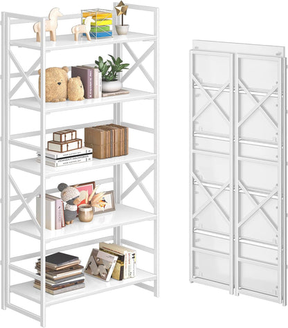 4NM 5 Tiers No Assembly Book Shelves, 51.2" H Folding Bookshelf Bookcase Open Industrial Foldable Shelves for Bedroom, Living Room, Home Office - All White
