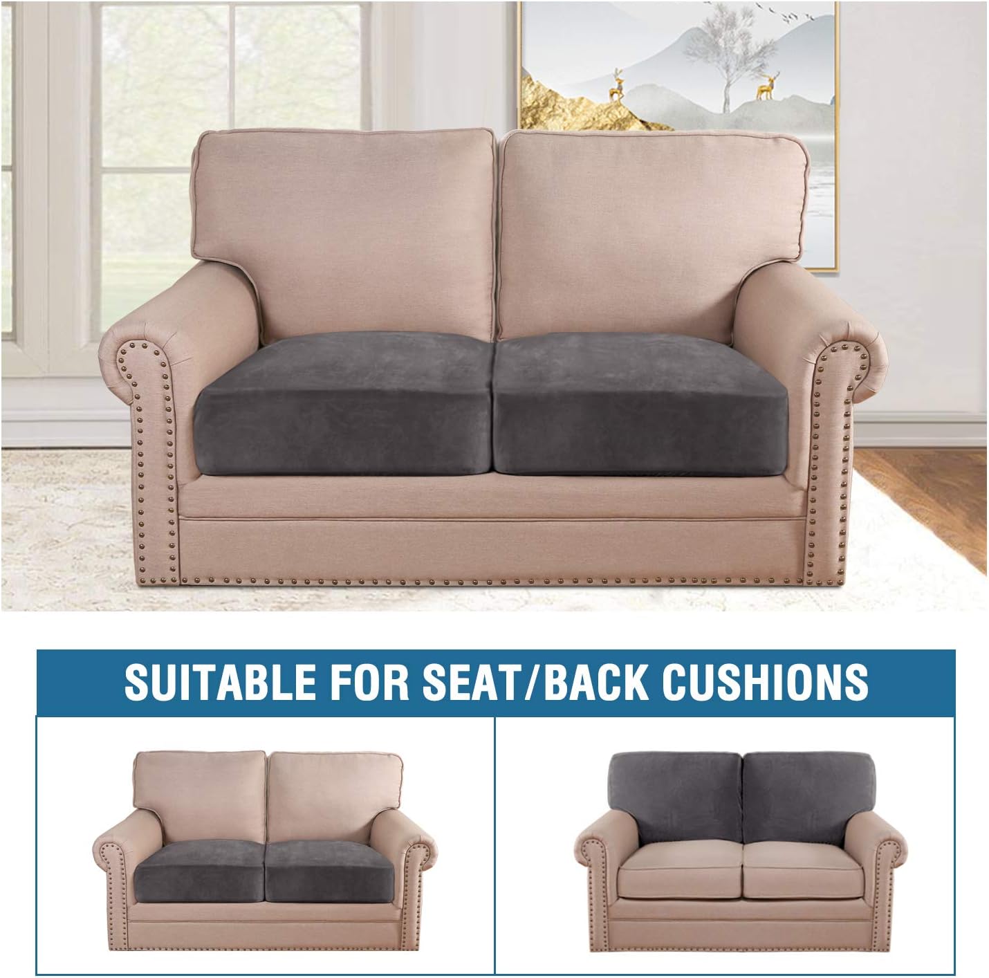 H.VERSAILTEX Velvet Stretch Couch Cushion Cover Plush Cushion Slipcover for Chair Loveseat Sofa Cushion Furniture Protector Seat Cushion Sofa Cover (2 Piece Medium Sofa Cushion Covers, Grey)