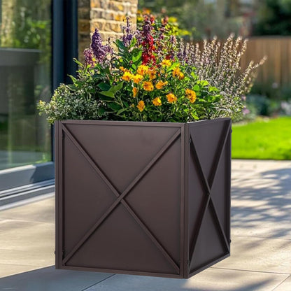 SUNNYPARK Large Metal Planter Box 17”x 17”x 18”, Square Modern Brown Metal Planter Box Heavy Duty with Drainage Holes for Outdoor Garden Patio