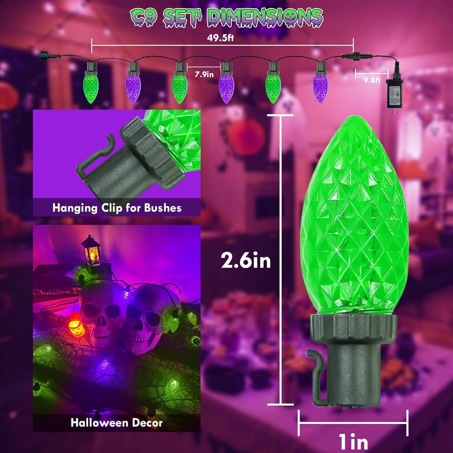 Extendable Purple and Green 2PK 100 LED C9 Halloween Lights Indoor Outdoor Waterproof, 98FT Super Bright C9 String Lights 13 Modes with Timer for Tree Patio Party Garden Halloween Decorations