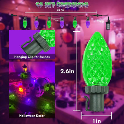 Extendable Purple and Green 2PK 100 LED C9 Halloween Lights Indoor Outdoor Waterproof, 98FT Super Bright C9 String Lights 13 Modes with Timer for Tree Patio Party Garden Halloween Decorations