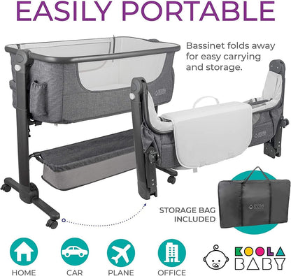KoolerThings Baby Bassinet, Bedside Sleeper for Baby, Easy Folding Portable Crib with Storage Basket for Newborn, Bedside Bassinet, Comfy Mattress/Travel Bag Included (Bassinet) (Grey)