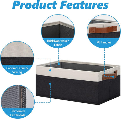 GhvyenntteS Storage Baskets for Shelves 12 Pack, Fabric Storage Bins with Leather Handles, Foldable Rectangular Storage Baskets for Organizing Home, Office (Black/White, 11.8" x 7.87" x 5.11")