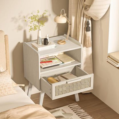 Lerliuo Rattan Nightstand, Side Table with Drawer Open Shelf, Cane Accent Bedside End Table with Solid Wood Legs, Mid Century Modern Night Stand for Bedroom, Dorm and Small Spaces (Grey White)