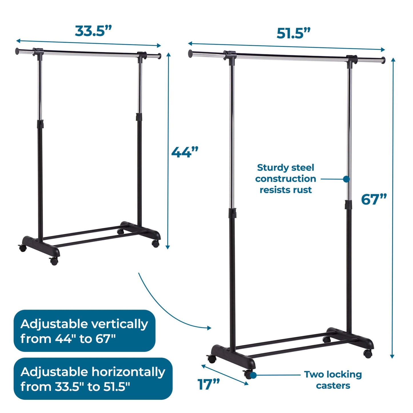 Honey-Can-Do Rolling Garment Rack with Adjustable Height and Width, Metal Clothes Rack, Heavy-Duty