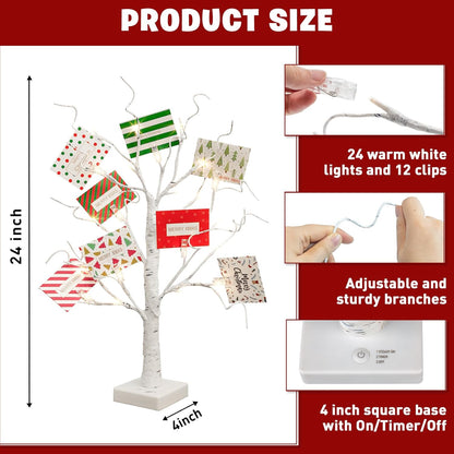EAMBRITE Christmas Tree with Gift Cards, Money Tree Gift Holder, White Lighted Birch Tree Tabletop 2 FT 24 LED, Light Up Display Twig Gift Card Tree with 8 Clear Clips for Home Christmas Decorations