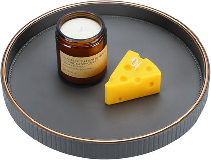 KINGFOM Decorative Serving Tray, PU Leather Valet Nightstand Desk Organizer for Men Women, Round Tray Decor for Coffee Table/Home Decor, Modern Decorative, Centerpiece (Gray)