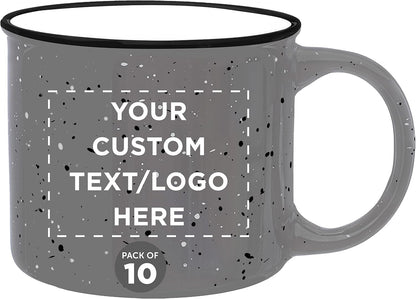 DISCOUNT PROMOS Custom Ceramic Campfire Coffee Mugs 13 oz. Set of 10, Personalized Bulk Pack - Perfect for Tea, Espresso, Cappuccino, Hot Cocoa - Grey