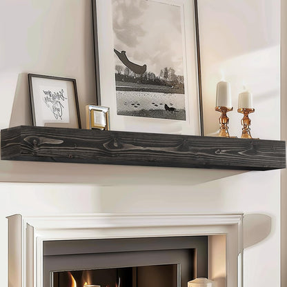72x8x5 Fireplace Mantel - Handcrafted Hollow Rustic Solid Wood Wall Mounted Floating Shelf with Invisible Heavy Duty Wood Bracket (Weathered Black)
