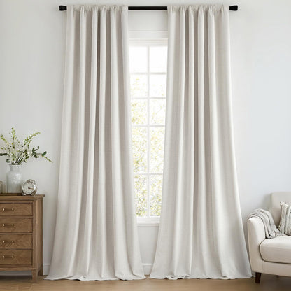 MIULEE 100% Blackout Curtains 90 Inch Long 2 Panels Set for Bedroom, Thick Faux Linen Black Out Curtain Room Darkening Back Tab Pleat Window Textured Drapes with Hooks for Living Room, Light Beige