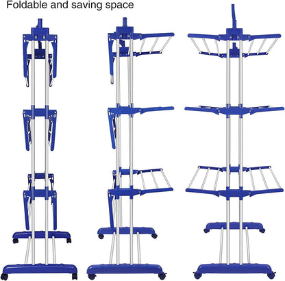 Bigzzia Clothes Drying Rack, Folding Stainless Steel Drying Rack Clothing Indoor Outdoor, Space-Saving, 4 Tier Laundry Drying Rack with Two Side Wings Grey Blue