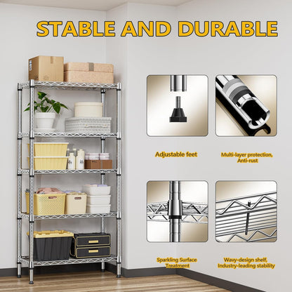 1250 lbs 5 Tier Shelf Metal Storage Shelves Shelving Wire Rack Heavy Duty Closet Organizers for Garage Kitchen Bathroom Laundry Chrome 13.8" D x 29.5" W x 59.5" H