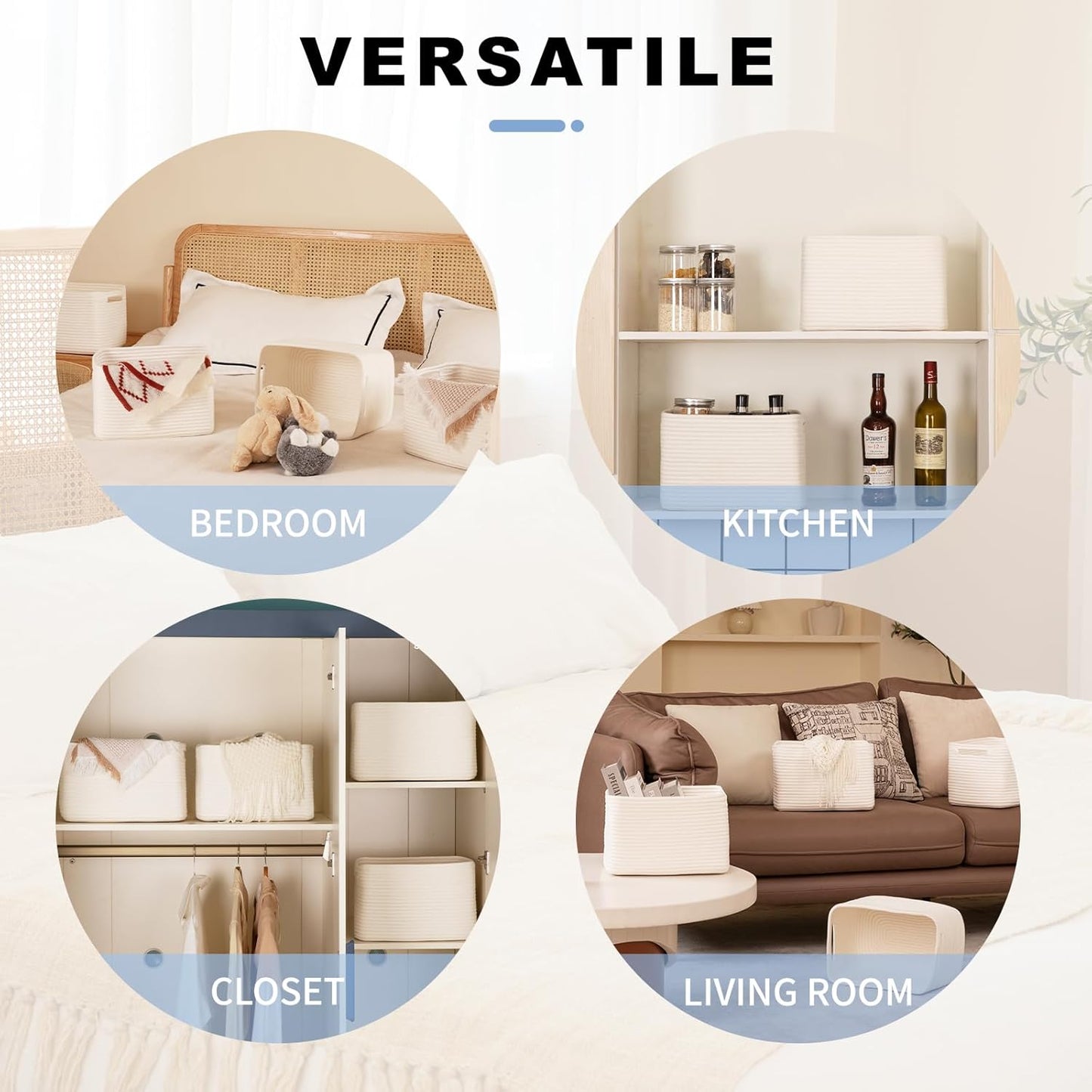 4 Pack Storage Baskets for Organizing, Woven Baskets for Shelves - Perfect for Toys, Books, Towels, and Clothes, Durable Gift Basket Bins Toy Storage, 12.7''L x9''W x7.8''H, White