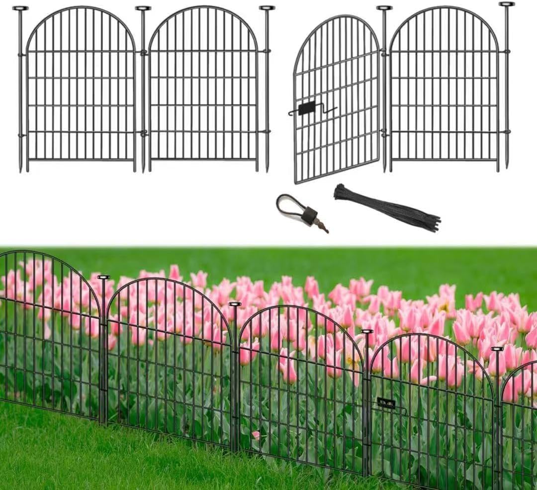 Tall Garden Fence with Gate, 4 Panels Fences for Dogs Outside, 40 in(H)x8.8 Ft(L) No Dig Animal Barrier Garden Fencing, Rustproof Metal Wire Temporary Rabbit Dog Fence for Yard Patio Outdoor