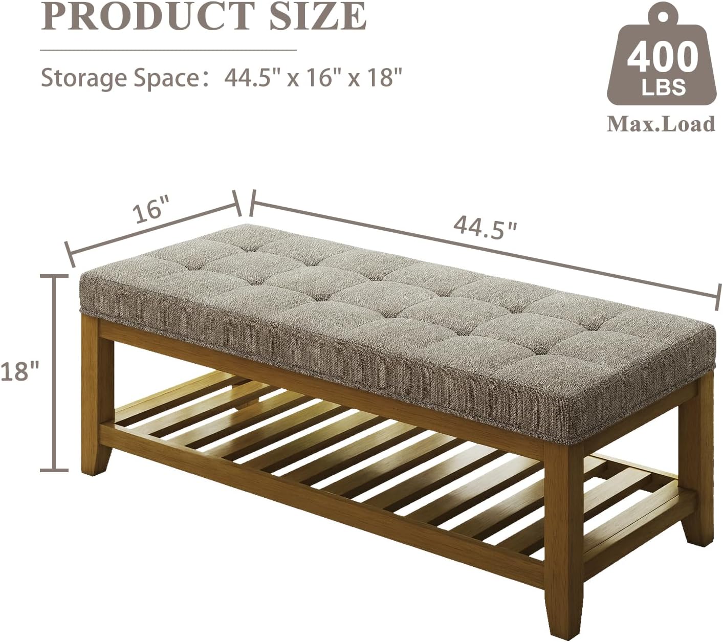 Large Rectangular Upholstered Ottoman Bench, Linen Tufted Footrest Ottoman with Solid Wood Shelf Storage Coffee Table for Bedroom Living Room, Linen