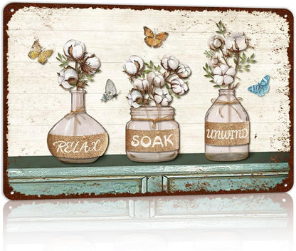 Vintage Farmhouse Bathroom Metal Tin Signs Rustic Flower Country Wall Art Decor 8X12 Inches