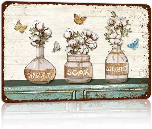 Vintage Farmhouse Bathroom Metal Tin Signs Rustic Flower Country Wall Art Decor 8X12 Inches