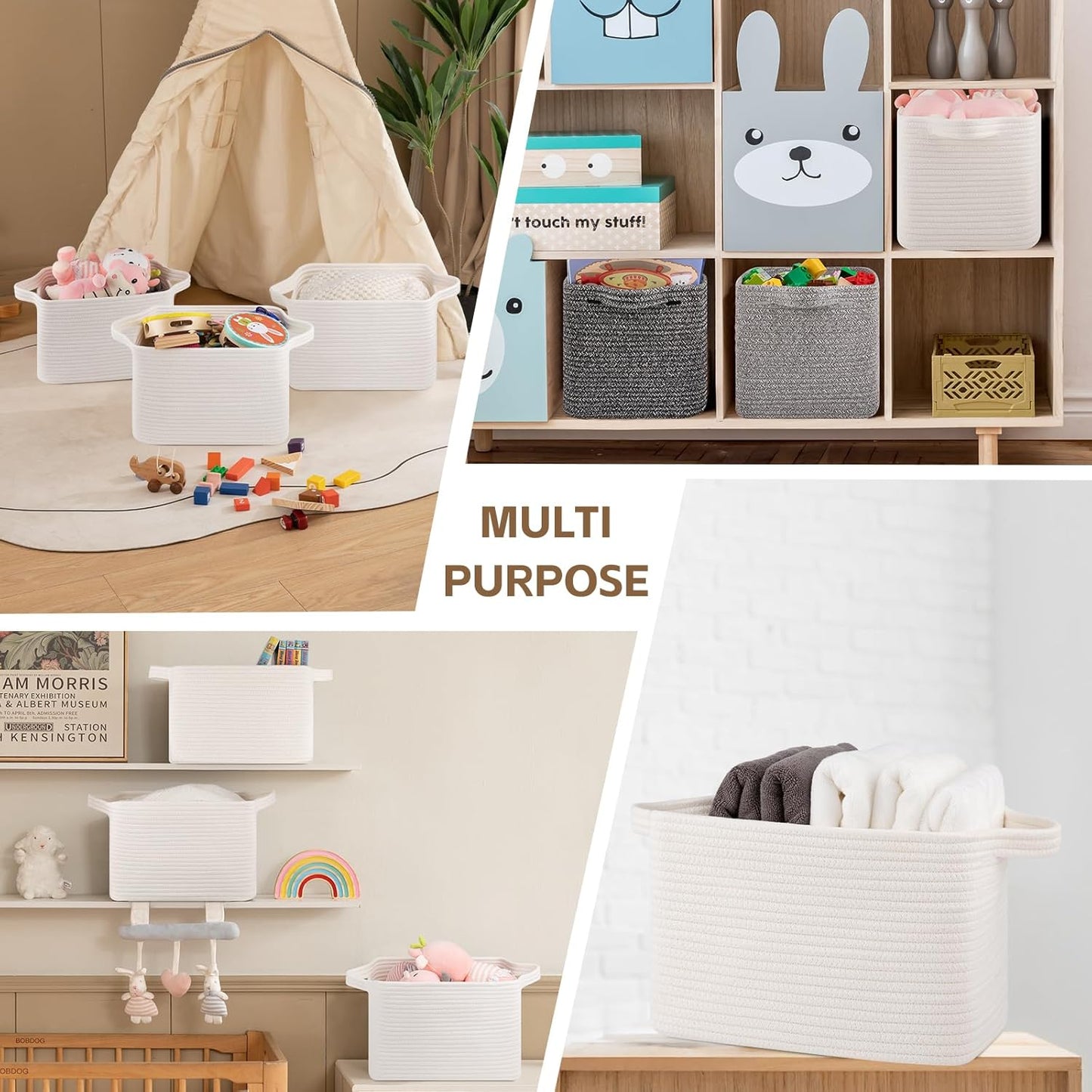 Storage Basket for Organizing, Woven Baskets for Storage, Rectangle Decorative Baskets for Shleves, Closet, Toys, Books, Nursery Organizer Bins - Pack of 3 (White)