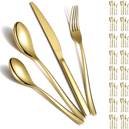 Berglander Gold Silverware Set 48pcs Service for 12, Golden Titanium Plating Stainless Steel Flatware Set, Gold Spoons Forks Knives Set for Home, Wedding, Restaurant, Hotel, Dishwasher Safe