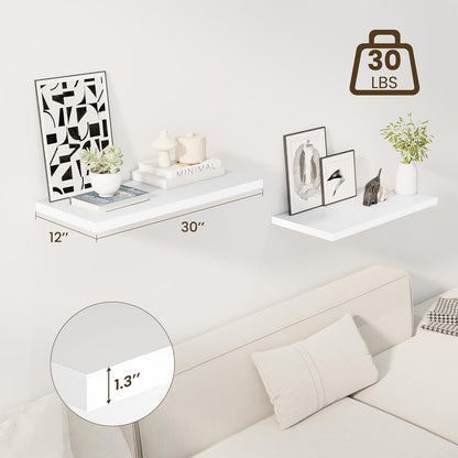 30" Floating Shelves for Wall, 12" Deep Slim White Floating Shelves, Wall-Mounted Shelves for Bedroom, Living Room, Kitchen, Bathroom - Set of 2