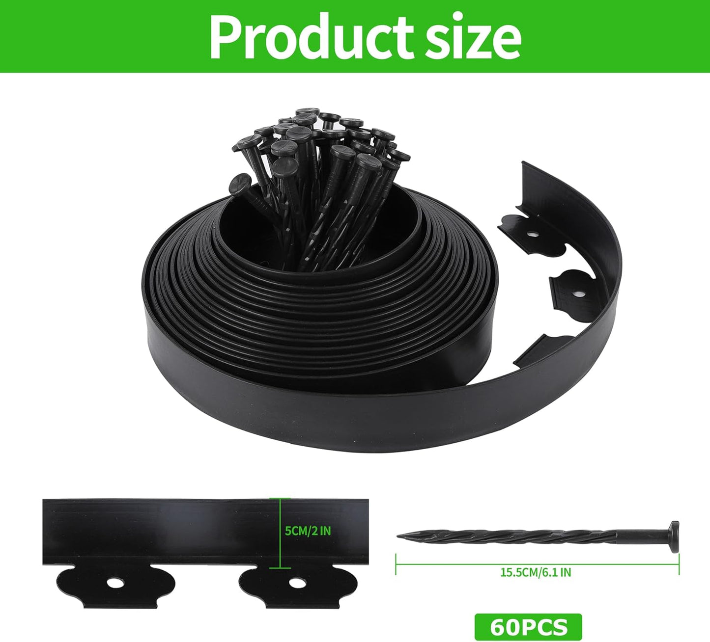 Garden Landscape Edging Kit Flexible Lawn Edging, Landscape Edging Border 33 FT with 30 Spikes, 2" Tall No Dig Garden Edging Roll for Landscaping Flower Beds Yard Pathway (2IN x 66FT, Black)