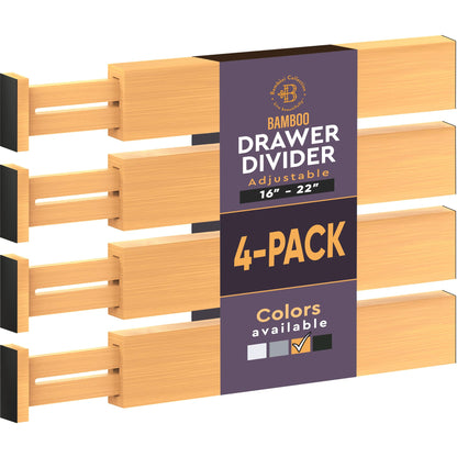 Bambüsi 4-Pack Drawer Divider - 2.6" High, 16" to 22" Adjustable Bamboo Drawer Organizers for