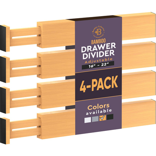 Bambüsi 4-Pack Drawer Divider - 2.6" High, 16" to 22" Adjustable Bamboo Drawer Organizers for