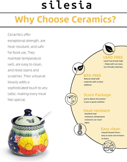 silesia Handmade Sugar Bowl with Lid and Spoon, 9 Ounce Ceramic Hand-Painted Sugar Jar for Home in Gift Box, Kitchen Decor, Oven, Dishwasher & Microwave Safe, Glazed Green