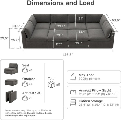 mopio Oversized Modular Sectional Sofa with Fully Removable Covers and Storage, Convertible U, L-Shaped and Sleeper Sectional, Modern Couches with Ottoman Chaise (Stone Gray Fabric, 8 Seats, Sleeper)