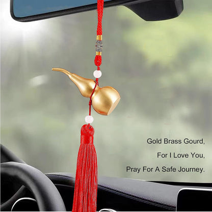 Feng Shui Brass Wu Lou Golden Gourd with Red Luck Strip Treasure Pendant for Bedroom,Car Hanging Ornaments,Fortune Protection,Hu Lu Bring Good Luck Safty Success,2.75inch Tall,Full Brass