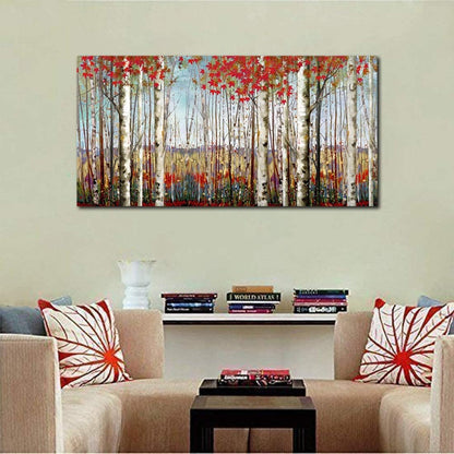 Canvas Wall Art for Living Room Bedroom Modern Wall Decor of Red Leaves White Birch Tree Forest Giclee Print Painting Artwork Wall Decoration 24x48 Large Size with Wood Framed Easy to Hang for Home
