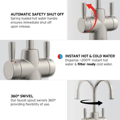 InSinkErator HOT250 Instant Hot and Cold Water Dispenser System, 2-Handle Drinking Water Faucet in Satin Nickel with 2/3-Gallon, Filter-Compatible, Stainless Steel Tank, HC250SN-SS