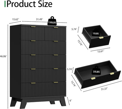 Fluted Dresser for Bedroom with 6 Drawers, 46" Tall Modern Chest of Drawers with Metal Handle, Wooden Dresser TV Stand, Wood Closet Clothes Storage Organizer for Living Room, Hallway, Black