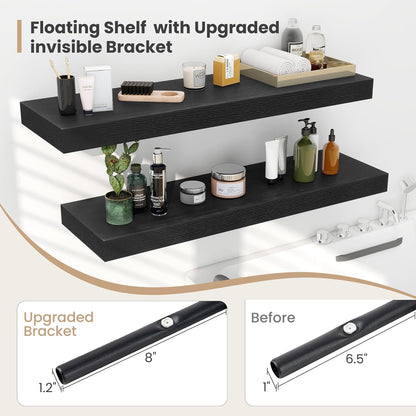 Heimlove 24 x 12 Inch Deep Floating Shelves Wall Mounted with Invisible Brackets,Storage Hanging Shelf for Wall Decor in Bathroom, Bedroom, Toilet, Kitchen, Living Room, Office Set of 2 (Black)