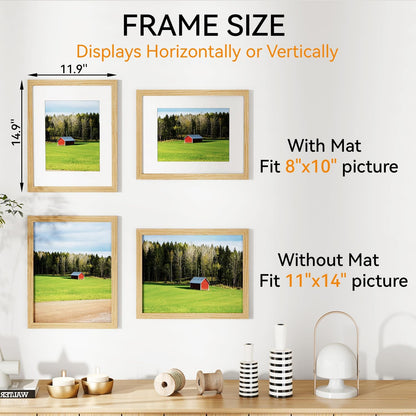 IBUYKE 11 x14 Picture Frame,Set of 3,Solid Oak Wood 11x14 Photo Frame with Mat to 8x10,11x14 Picture Frames With Tempered Glass,Wall Mount Display,Home Decor,Natural Oak 14 x 11 Frame,UWPF1114N-3