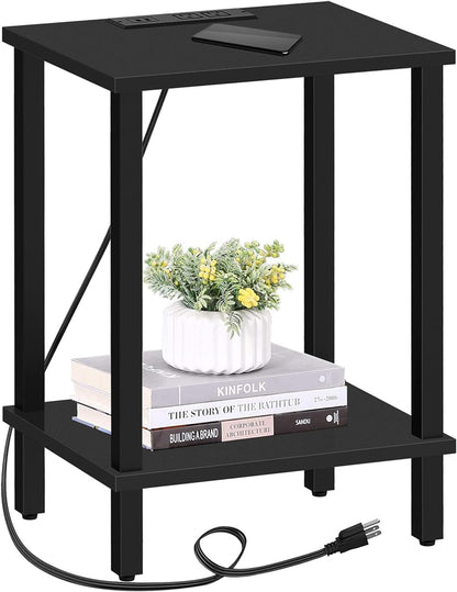 TUTOTAK End Table with Charging Station, Side Table with USB Ports and Outlets, Nightstand, 2-Tier Storage Shelf, Sofa Table for Small Space TB01BK040