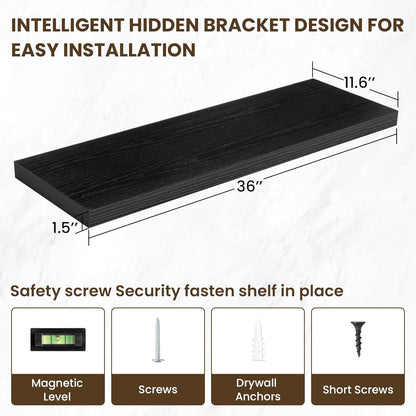 36 Inch Floating Shelves, 12 Inch Deep Floating Shelves for Wall, Floating Shelf with Invisible Brackets, Deep Shelves for Bathroom, Bedroom, Living Room, 2 Pack, Black