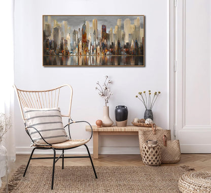 Mofutinpo Abstract Modern Canvas Wall Art for Living Room Cityscape New York Wall Decor City Theme Paintings Brown Framed Pictures Office Artwork Wall Decor Bedroom Above Bed