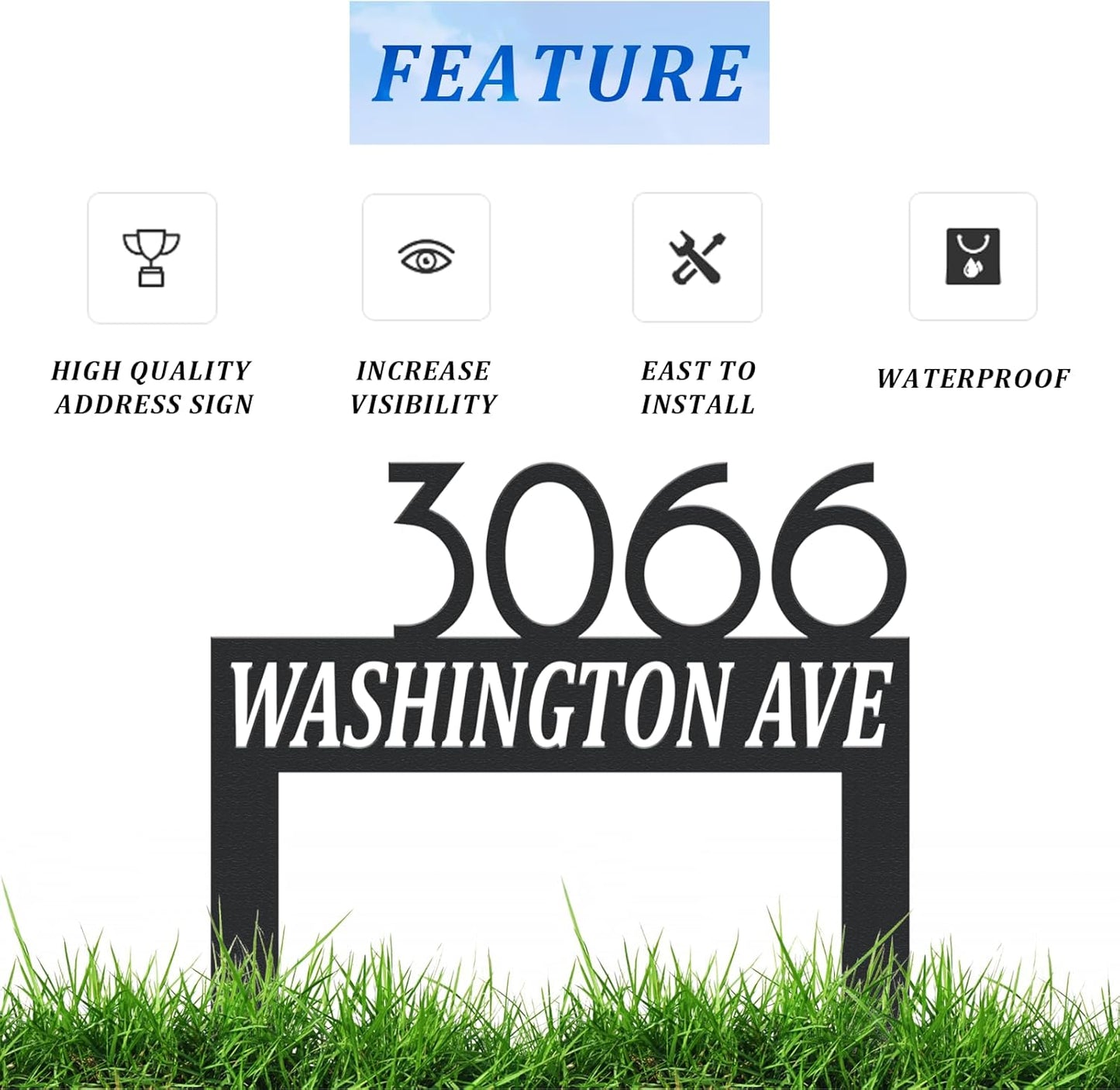 Personalized Modern Large Metal Address Sign for Yard, Custom House Number Sign Street Name Plaque for Outside, Outdoor Lawn Address Post Home Garden Decoration Plaque with Stakes