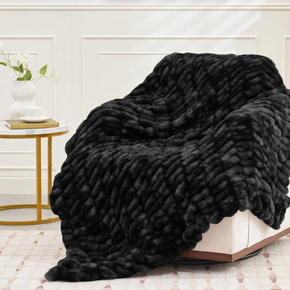 Ultra Soft Luxury Faux Fur Throw Blanket for Counch,Fuzzy Fluffy Plush Warm Cozy Elegant Wrinkled Blanket for Sofa Bedroom Living Room,（50"x60",Tie-dye Black）