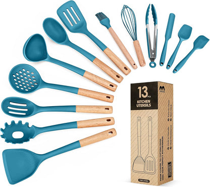 Kitchen Utensils Set, 13PCS Silicone Cooking Utensils, Heat Resistant Kitchen Utensil Spatula Set for Nonstick Cookware, Wooden Handles Kitchen Gadgets Tools Set (BLUE)